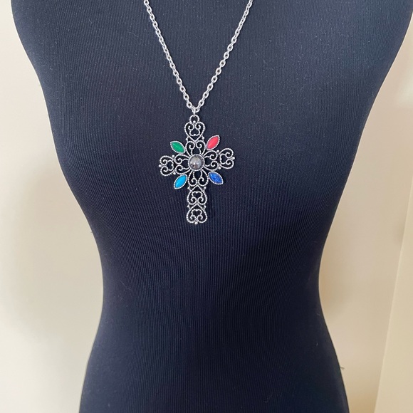 Vintage Avon Cross Pendant Necklace Colorful Accents - Picture 6 of 8